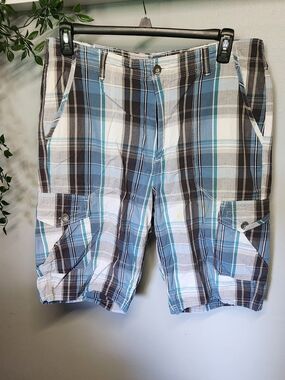Helix Vintage Plaid Cargo Shorts in Blue, White & Gray Men's 38